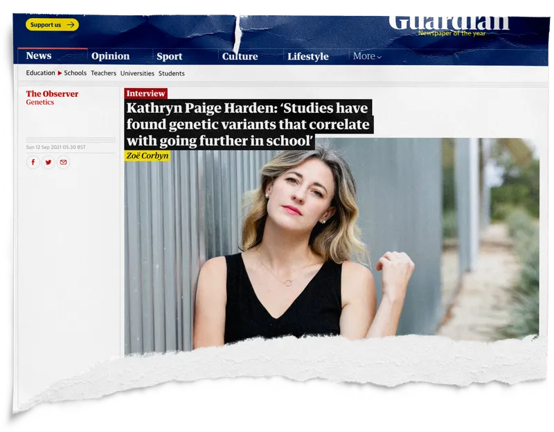 A screenshot of a guardian.com article titled "Kathryn Paige Harden: 'Studies have found genetic variants that correlate with going further in school'