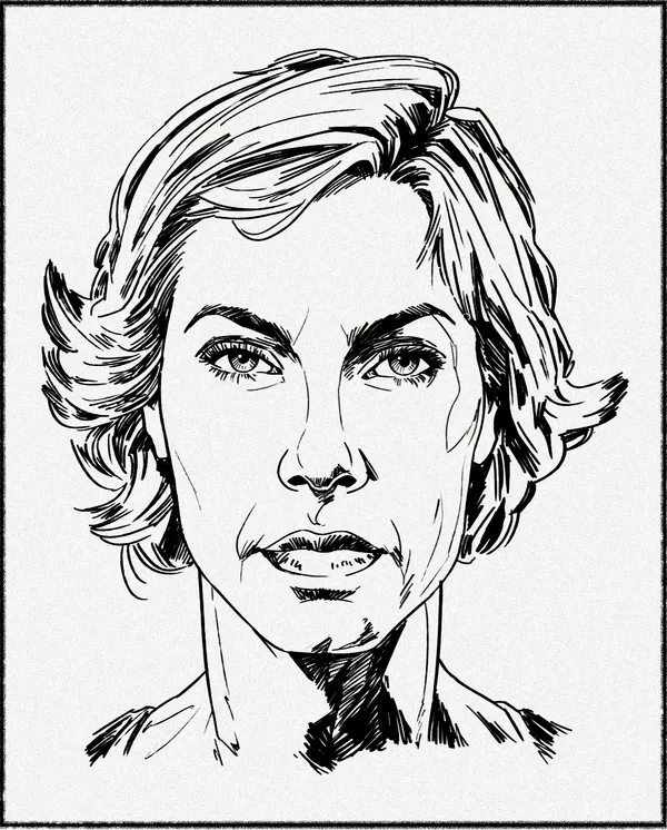 A drawing of a woman with short hair and an unsmiling face