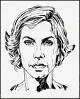 A drawing of a woman with short hair and an unsmiling face