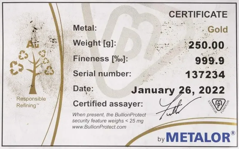 A certificate of authenticity for 250g of gold